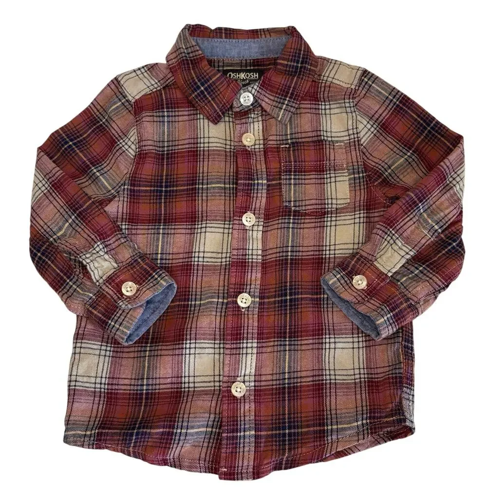 Oshkosh B'gosh Brushed Cotton Plaid Button Up Shirt Boys 18M | Red Blue